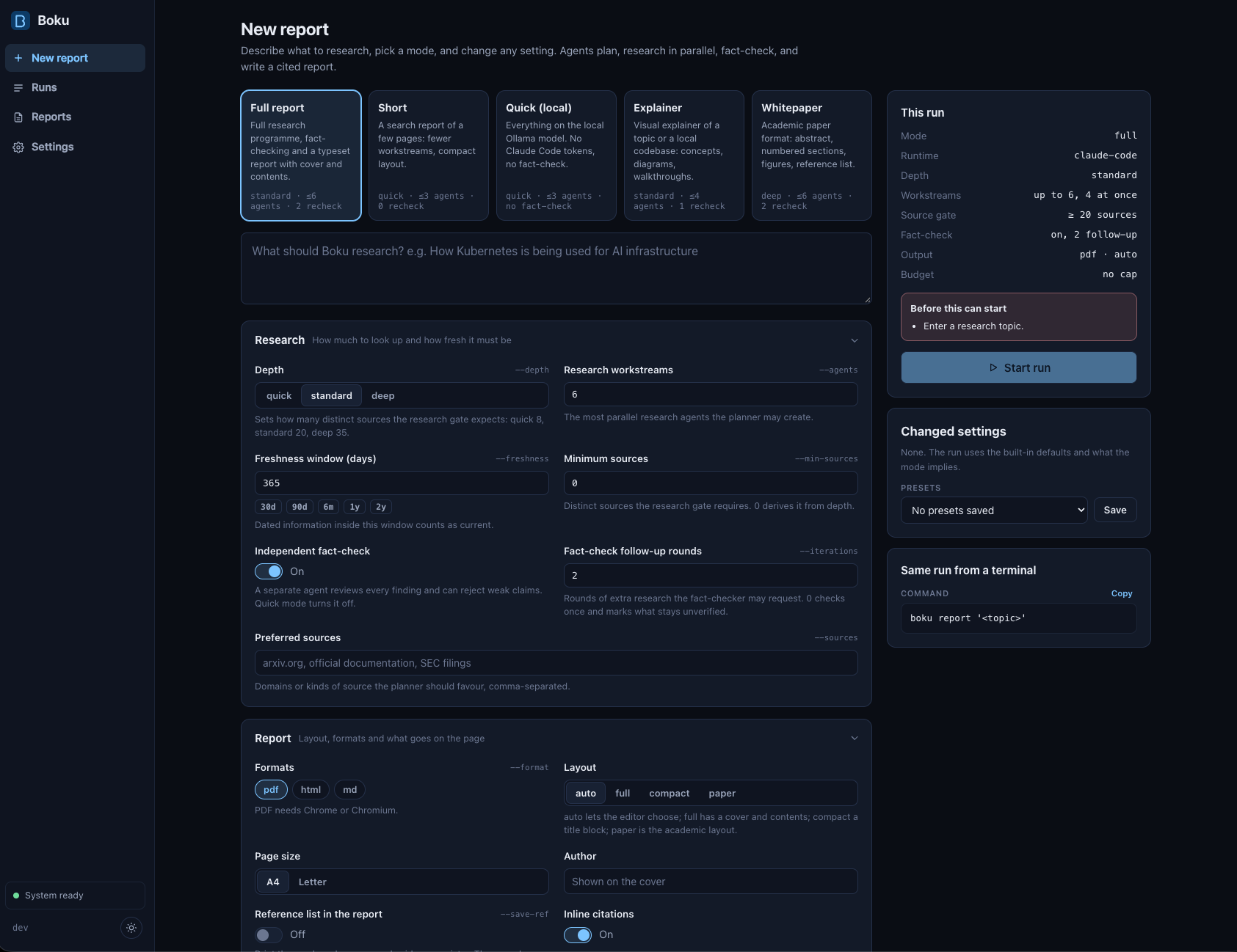 Boku web interface: mode cards, the settings form and a summary of the run